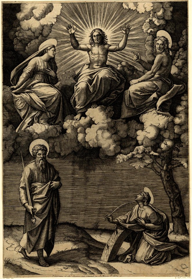 Marcantonio - Christ seated on a cloud with his arms upraised between the Virgin and St John the Baptist, H,1.61