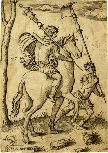 Marcantonio - After - Scipio Africanus on horseback preceeded by a foot soldier bearing a standard; copy after Marcantonio, 1982,U.3574