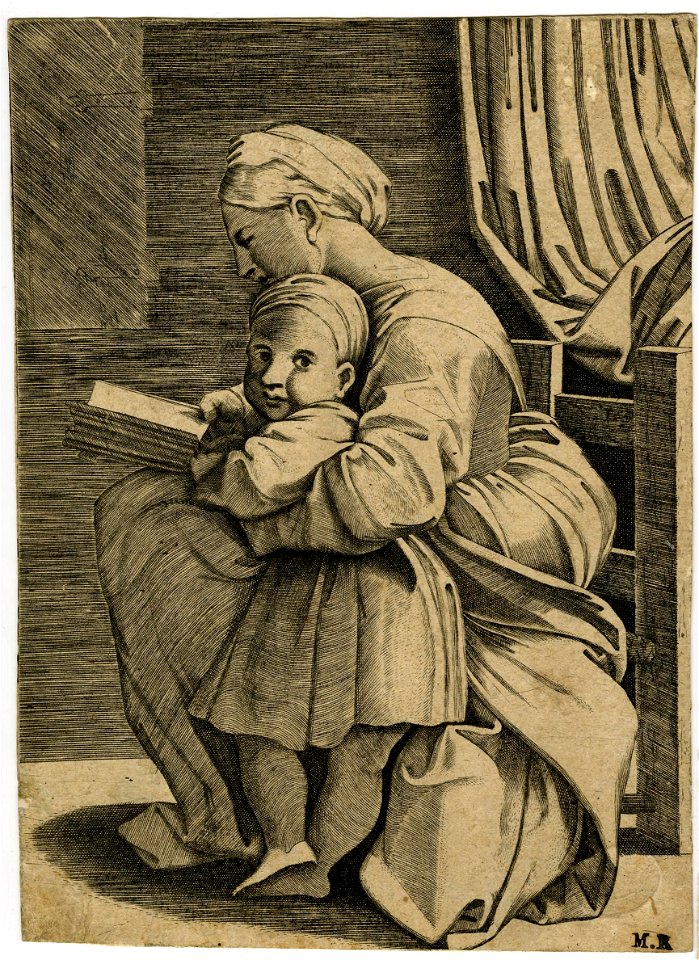 Marcantonio - After - The Virgin in profile turned to the left reading a book while holding the Infant Christ, H,1.42