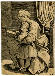 Marcantonio - After - The Virgin in profile turned to the left reading a book while holding the Infant Christ, H,1.42
