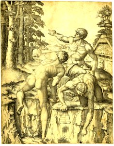 Marcantonio - 'Les Grimpeurs' three nude men, one seen from behind climbing onto a river-bank, H,3.84