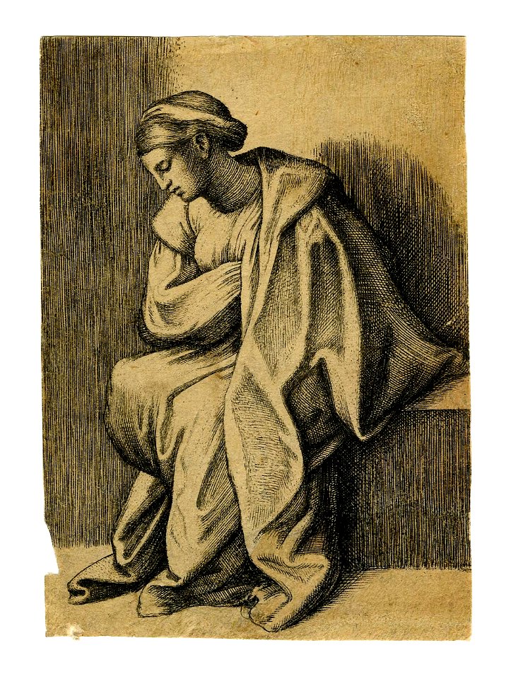 Marcantonio - After - Young woman sitting sideways, viewed in profile facing left, with head inclined downwards, 1981,U.2171