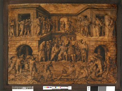 Marcantonio - The Martyrdom of St Lawrence, with judges and spectators on a building behind, after Bandinelli. c.1520, 2009,7030.1