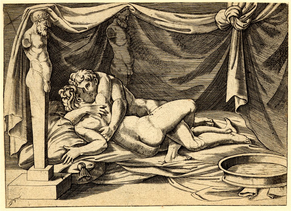 Marcantonio - A nude God and Goddess laying on a bed embracing, 1857,0711.20