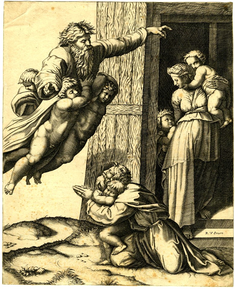 Marcantonio - After - God, carried by three angels, appearing to Noah and his family, after the Flood, H,1.8