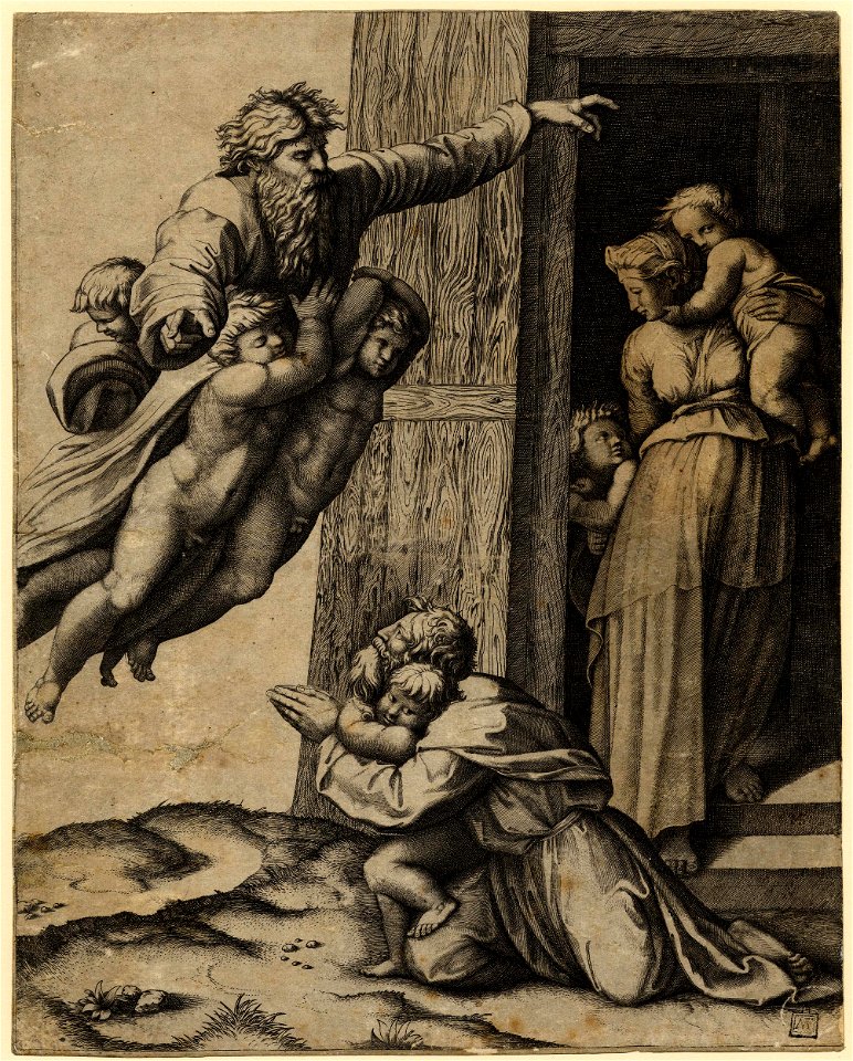 Marcantonio - God, carried by three angels, appearing to Noah and his family, after the Flood; after Raphael. c.1513-15, H,1.7