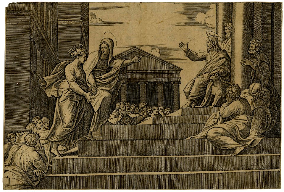 Marcantonio - After - Martha leading Mary Magdalene up a set of stairs to Christ who is seated at right between two columns at the entrance of a temple, so called 'Notre dame à l'escalier', V,5.32