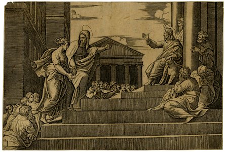 Marcantonio - After - Martha leading Mary Magdalene up a set of stairs to Christ who is seated at right between two columns at the entrance of a temple, so called 'Notre dame à l'escalier', V,5.32