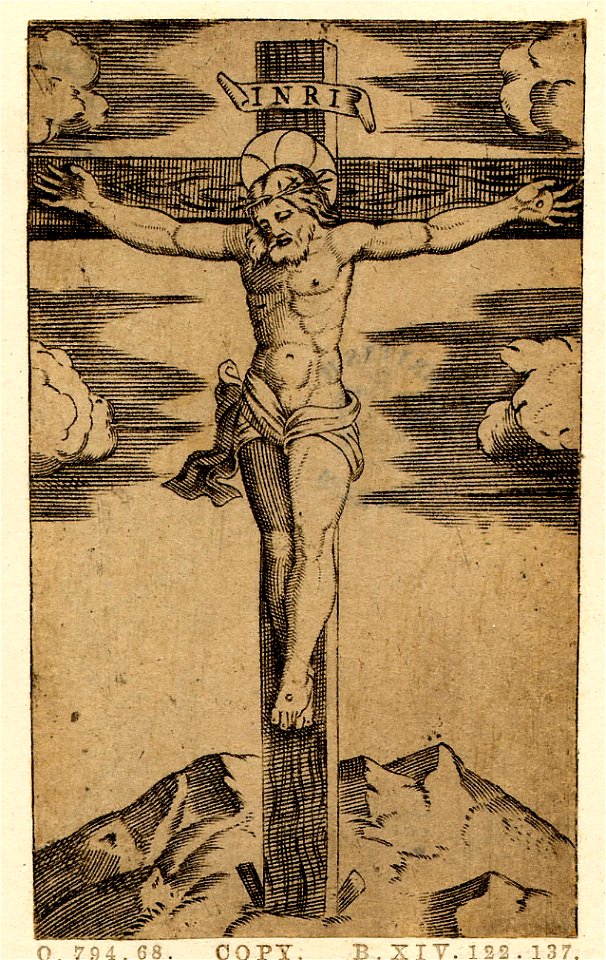 Marcantonio - Christ on the cross, on the summit of a mountain, surrounded by clouds, H,1.92