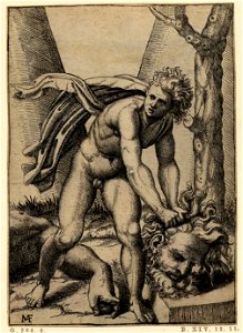 Marcantonio - David leaning forward to pick up the head of Goliath. c.1515-16, H,1.13. Free illustration for personal and commercial use.