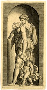 Marcantonio - After - Charity personified as a woman standing in a niche, holding a swaddled child in her right arm and the wrist of a nude child in her left, 1874,0808.241