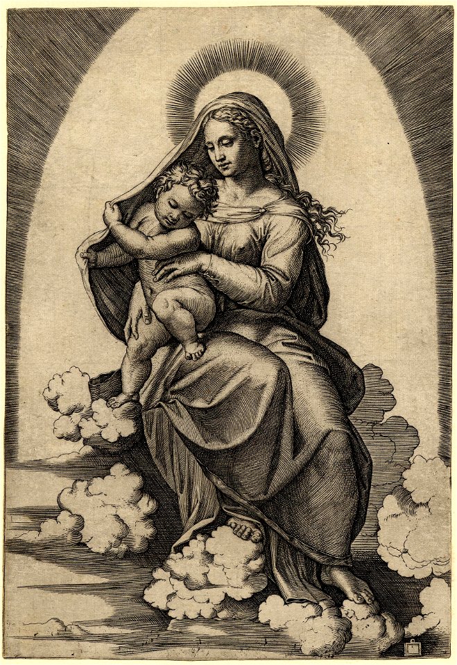 Marcantonio - The Virgin seated on clouds holding the Christ Child on her right knee, 1910,0212.330