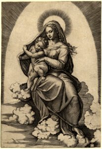 Marcantonio - The Virgin seated on clouds holding the Christ Child on her right knee, 1910,0212.330