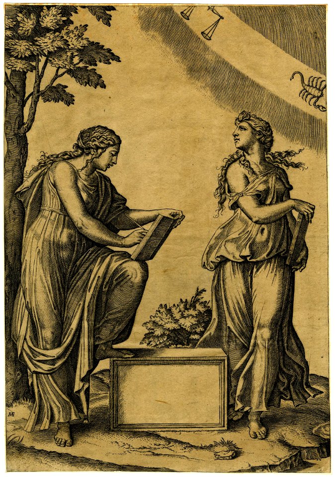 Marcantonio - A woman standing at left, resting her left foot atop an uninscribed socle and writing in a book which she supports on her left knee, V,4.62