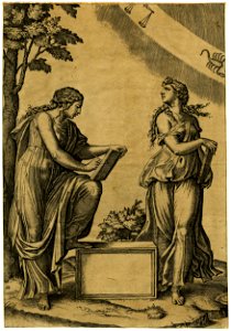 Marcantonio - A woman standing at left, resting her left foot atop an uninscribed socle and writing in a book which she supports on her left knee, V,4.62