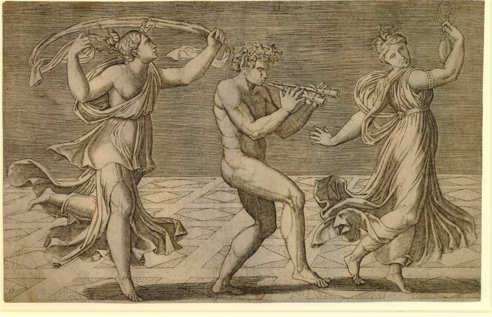 Marcantonio - Dance of Fauns and bacchantes; two women each side of a faun playing on two pipes. c.1516, H,7.37