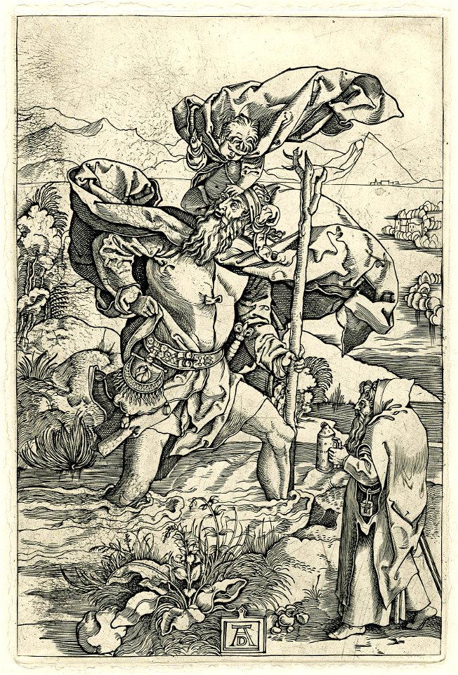 Marcantonio - Modern impression of St Christopher carrying the infant Jesus Christ over the river, on the right a hermit with a lamp, 1860,0414.482