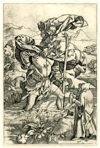 Marcantonio - Modern impression of St Christopher carrying the infant Jesus Christ over the river, on the right a hermit with a lamp, 1860,0414.482