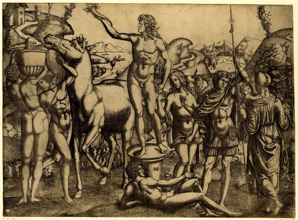 Marcantonio - A nude young man standing on a pedestal at centre holding a torch in his raised right hand, H,3.7