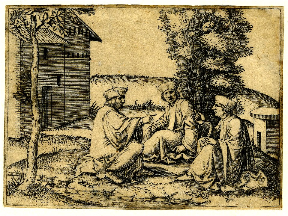 Marcantonio - Three men wearing robes and skull caps sitting on the ground in a landscape, 1910,0212.346