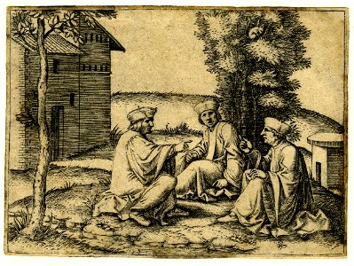 Marcantonio - Three men wearing robes and skull caps sitting on the ground in a landscape, 1910,0212.346