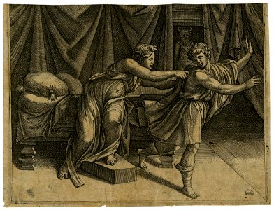 Marcantonio - Joseph fleeing from Potiphar's wife, who holds onto his cloak; after Raphael, after c.1520, V,4.42. Free illustration for personal and commercial use.
