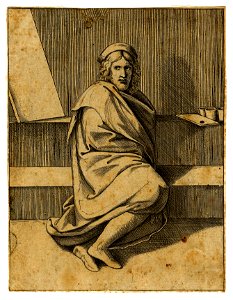 Marcantonio - After - Portrait of Raphael; sitting on steps, wearing a hat and enveloped in a mantle, H,3.94
