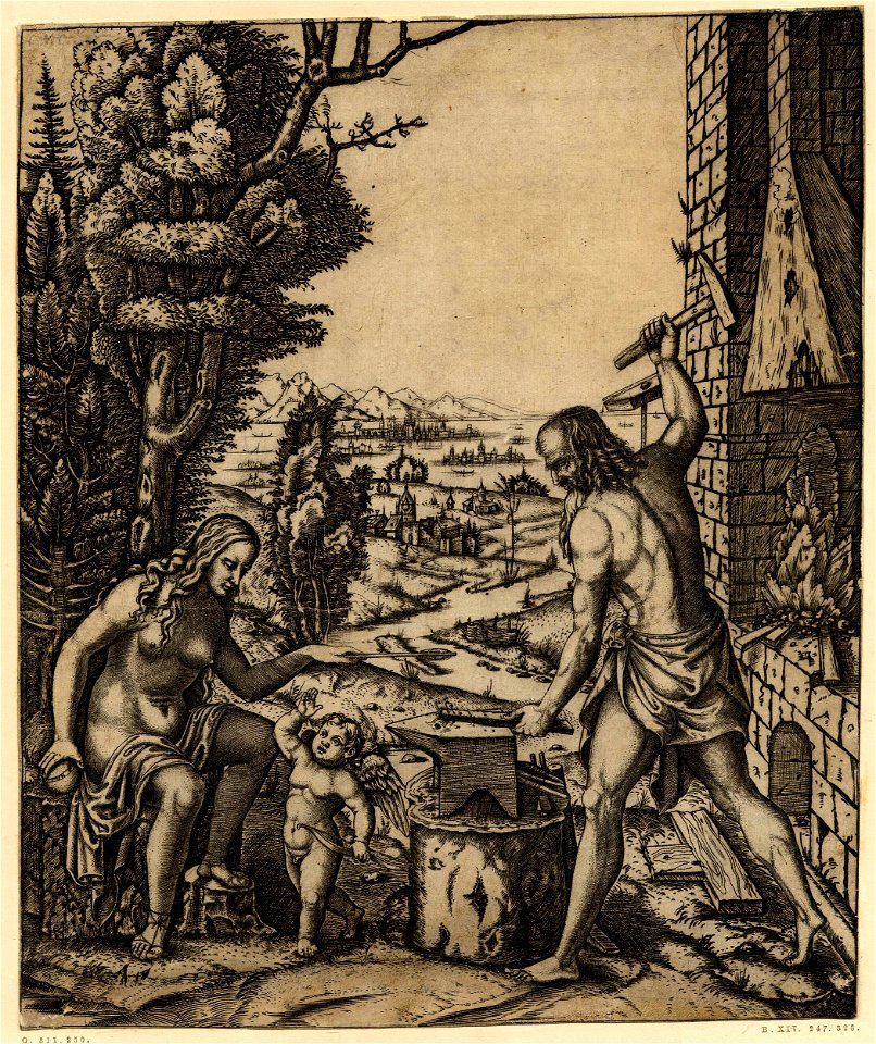 Marcantonio - Venus is sitting at left holding a golden apple in her right hand and an arrow in her left, H,2.82