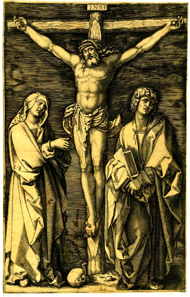 Marcantonio - Crucifixion with the Virgin on the left and St John on the right, with an inscribed tablet above the cross, H,3.183
