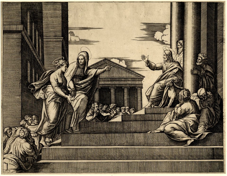 Marcantonio - Martha leading Mary Magdalene up a set of stairs to Christ who is seated at right between two columns at the entrance of a temple, so called 'Notre dame à l'escalier', 1870,0625.834