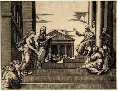 Marcantonio - Martha leading Mary Magdalene up a set of stairs to Christ who is seated at right between two columns at the entrance of a temple, so called 'Notre dame à l'escalier', 1870,0625.834