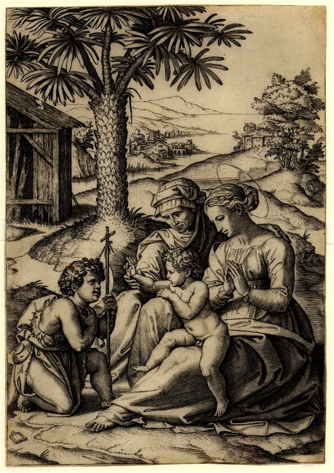 Marcantonio - The Virgin sitting on the ground with St Elizabeth at her right and the Christ Child in her lap blessing the young St John the Baptist who is kneeling in front of him, 1868,0822.32