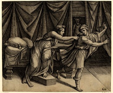 Marcantonio - Joseph fleeing from Potiphar's wife, who holds onto his cloak; after Raphael. c.1520, H,1.11. Free illustration for personal and commercial use.