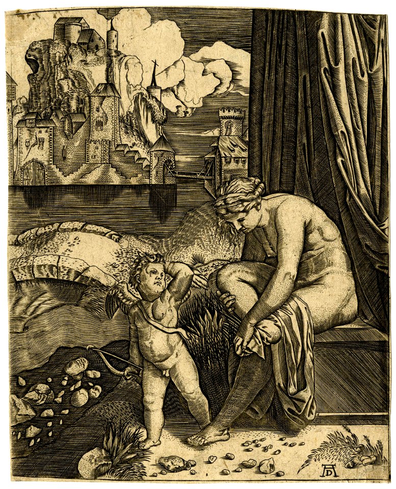 Marcantonio - After - Venus is nude, sitting at right drying her foot with a piece of drapery, Cupid, in front of her, 1875,0710.170
