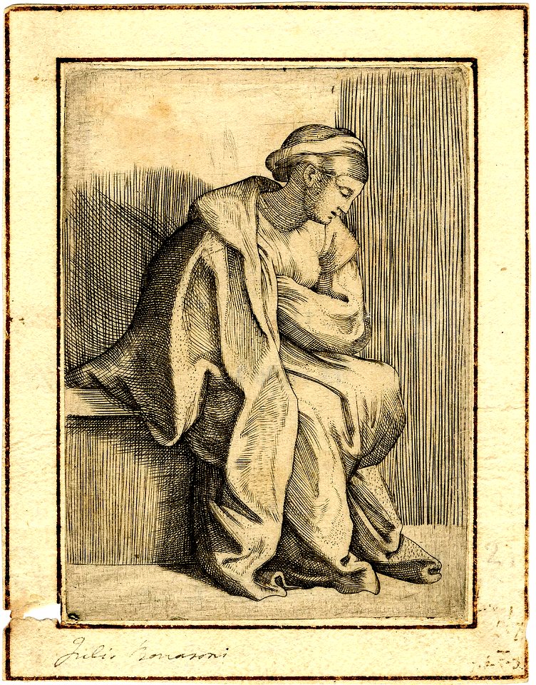 Marcantonio - After - Young woman sitting sideways, viewed in profile facing right, with head inclined downwards, H,6.11