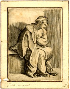 Marcantonio - After - Young woman sitting sideways, viewed in profile facing right, with head inclined downwards, H,6.11