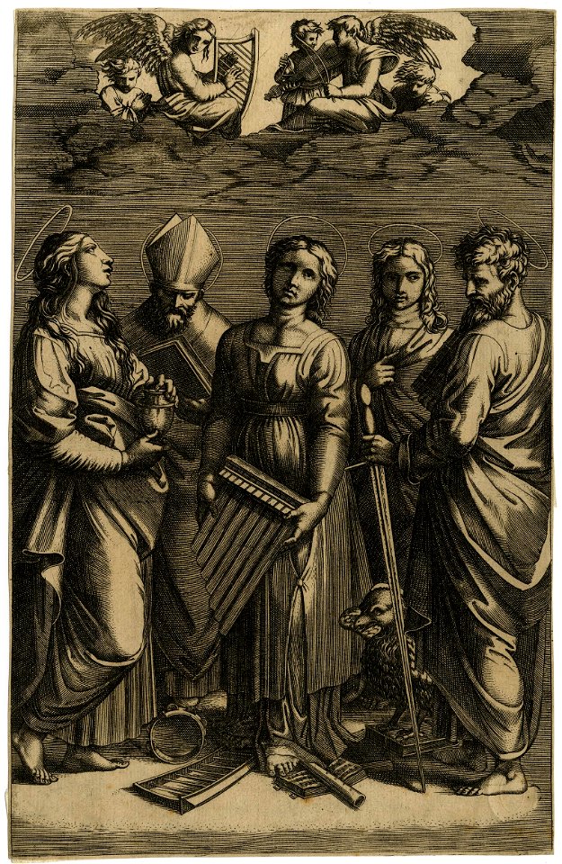 Marcantonio - After - St Cecilia holding a small organ, looking towards the clouds upon which are five angels with musical instruments, H,1.65