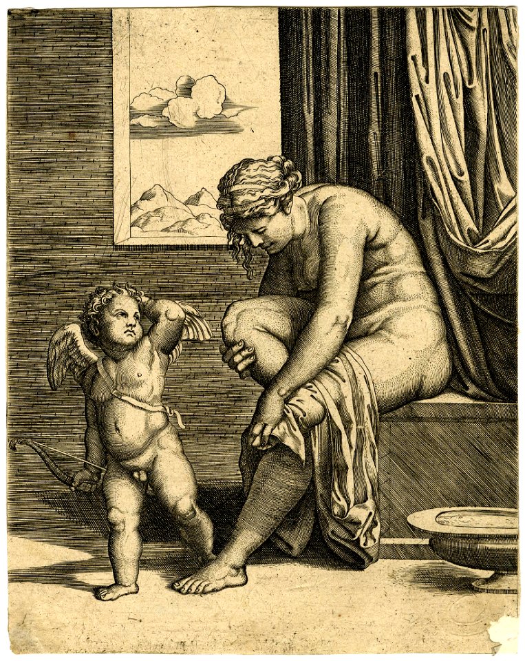 Marcantonio - After - Venus, nude, sitting at left drying her foot with a piece of drapery, Cupid, in front of her, V,6.38