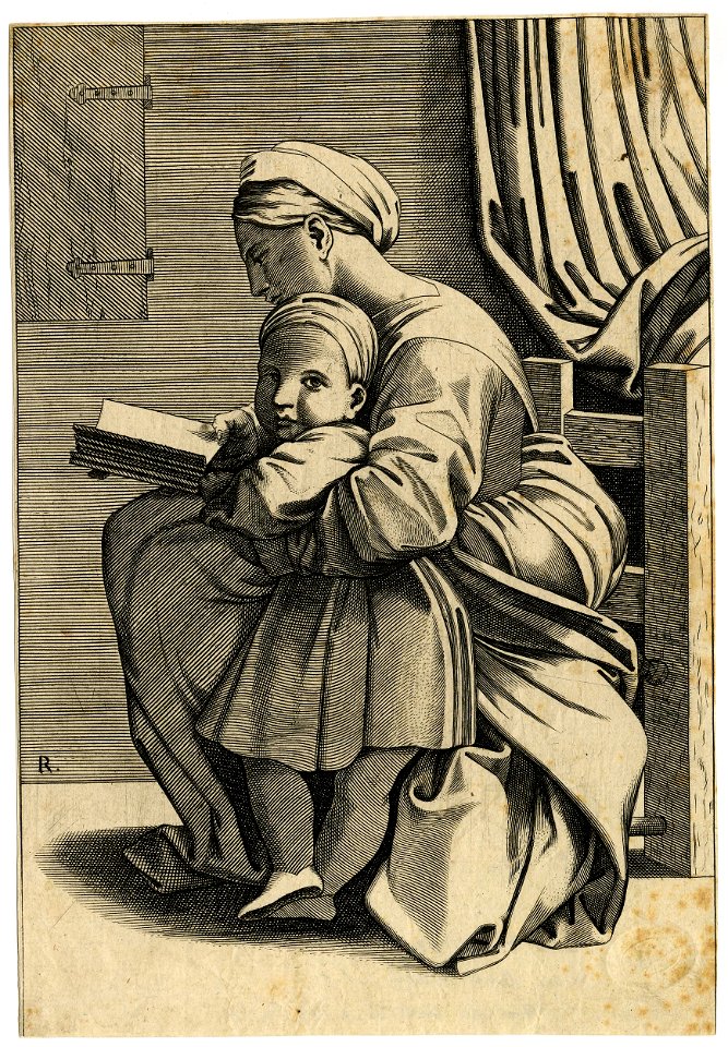 Marcantonio - After - The Virgin in profile turned to the left reading a book while holding the Infant Christ, who looks towards the viewer, H,1.43