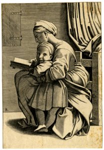 Marcantonio - After - The Virgin in profile turned to the left reading a book while holding the Infant Christ, who looks towards the viewer, H,1.43