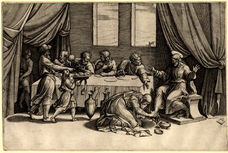 Marcantonio - Christ at the table of Simon the Pharisee; seated at right, extending his right foot which is tended by St Mary Magdalene., 1910,0212.324