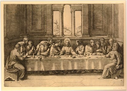 Marcantonio - The Last Supper in a long room with the feet of the apostles seen under the table; after Raphael. c.1515-16, 1910,0212.325. Free illustration for personal and commercial use.
