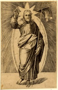 Marcantonio - Christ standing within a penumbra of light raises his right hand in benediction and holds a banner in his left, 1877,1124.21
