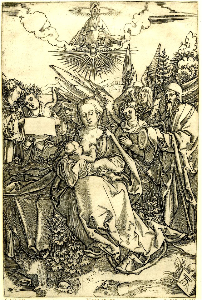 Marcantonio - In a landscape, the seated Virgin is breast-feeding the Child with St Joseph standing behind on the right, accompanied by five angels, 1860,0728.642