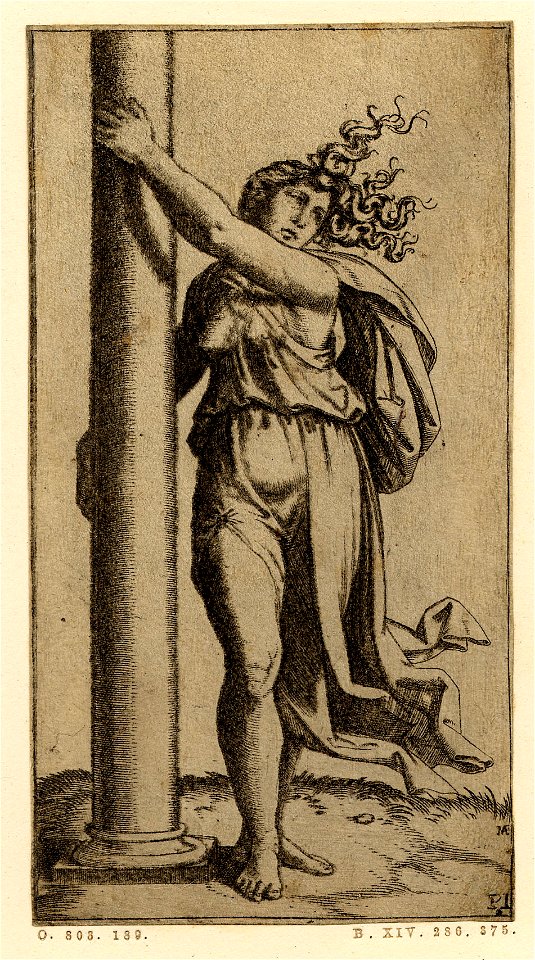 Marcantonio - Fortitude personified as a young woman wrapping both arms around a column at left, H,3.16