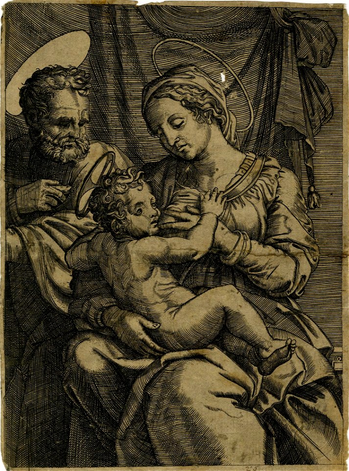Marcantonio - After - The Virgin presses her left hand to her breast to suckle the Christ Child whom she holds in her lap, Saint Joseph is on the left, V,4.75
