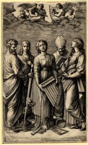 Marcantonio - St Cecilia holding a small organ, looks up towards a clearing in the clouds in which five angels with musical instruments appear, 1946,1209.2