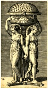 Marcantonio - Two caryatids, leaning against a truncated column, supporting a censer decorated with flower and salamander motifs, 1868,0822.56