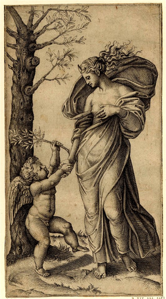 Marcantonio - Peace, personified as a woman standing in a landscape with a tree at left, holding the right hand of a little winged genius, 1973,U.68