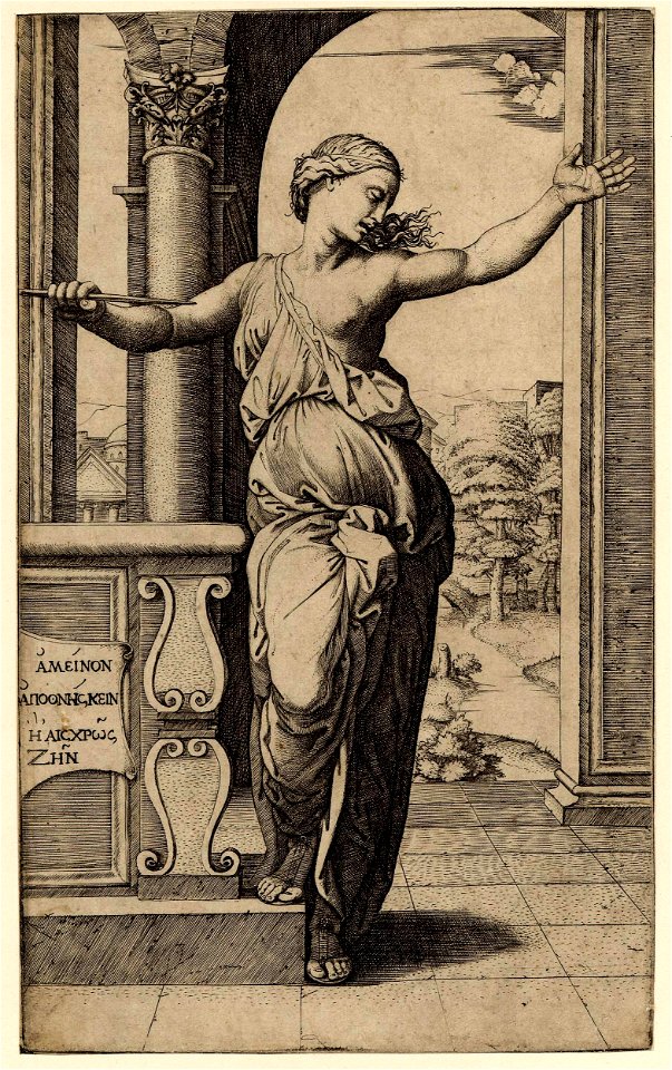 Marcantonio - Lucretia's suicide, she holds a blade in her left hand, set against a classical arcade, after Raphael, 1868,0822.38